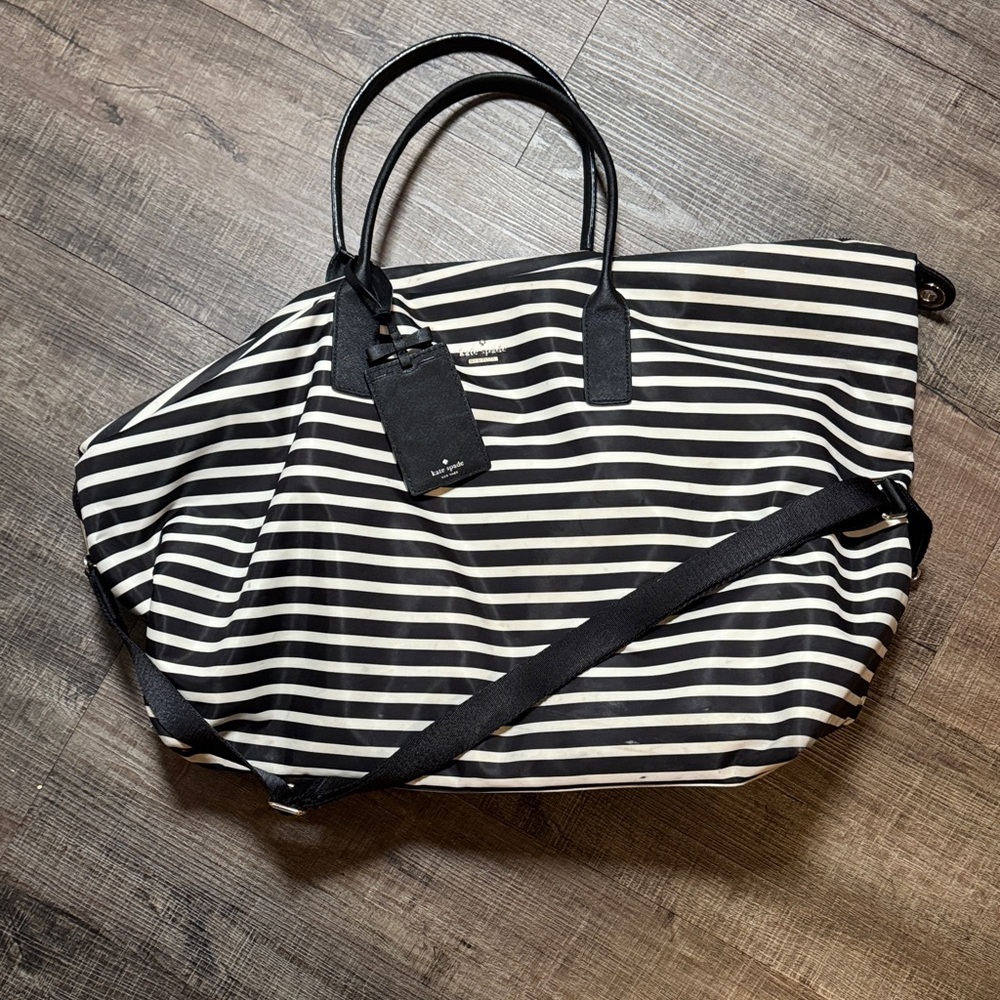 kate spade Black and White Striped Travel Tote with Crossbody Strap